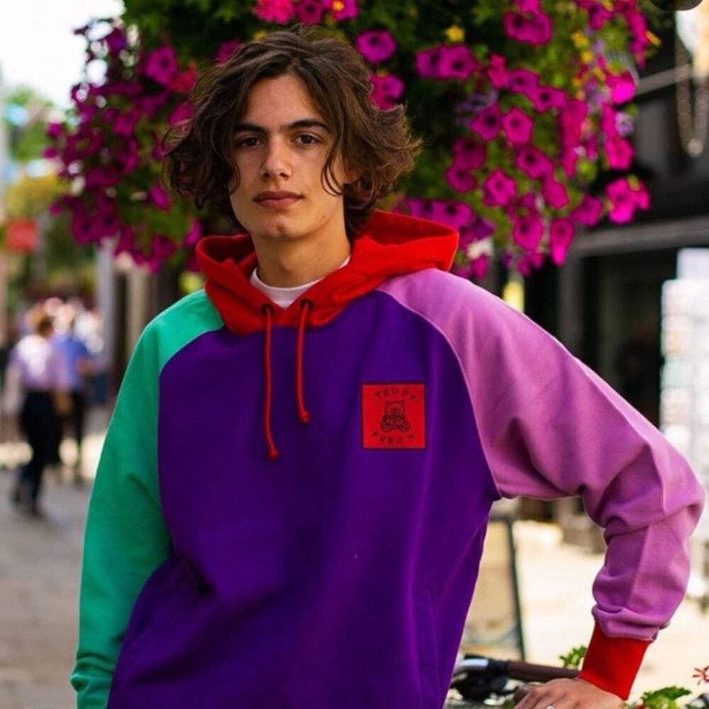 Teddy Fresh Color Block Hoodie Original Sweatshirt Unisex Small Colorful Purple
